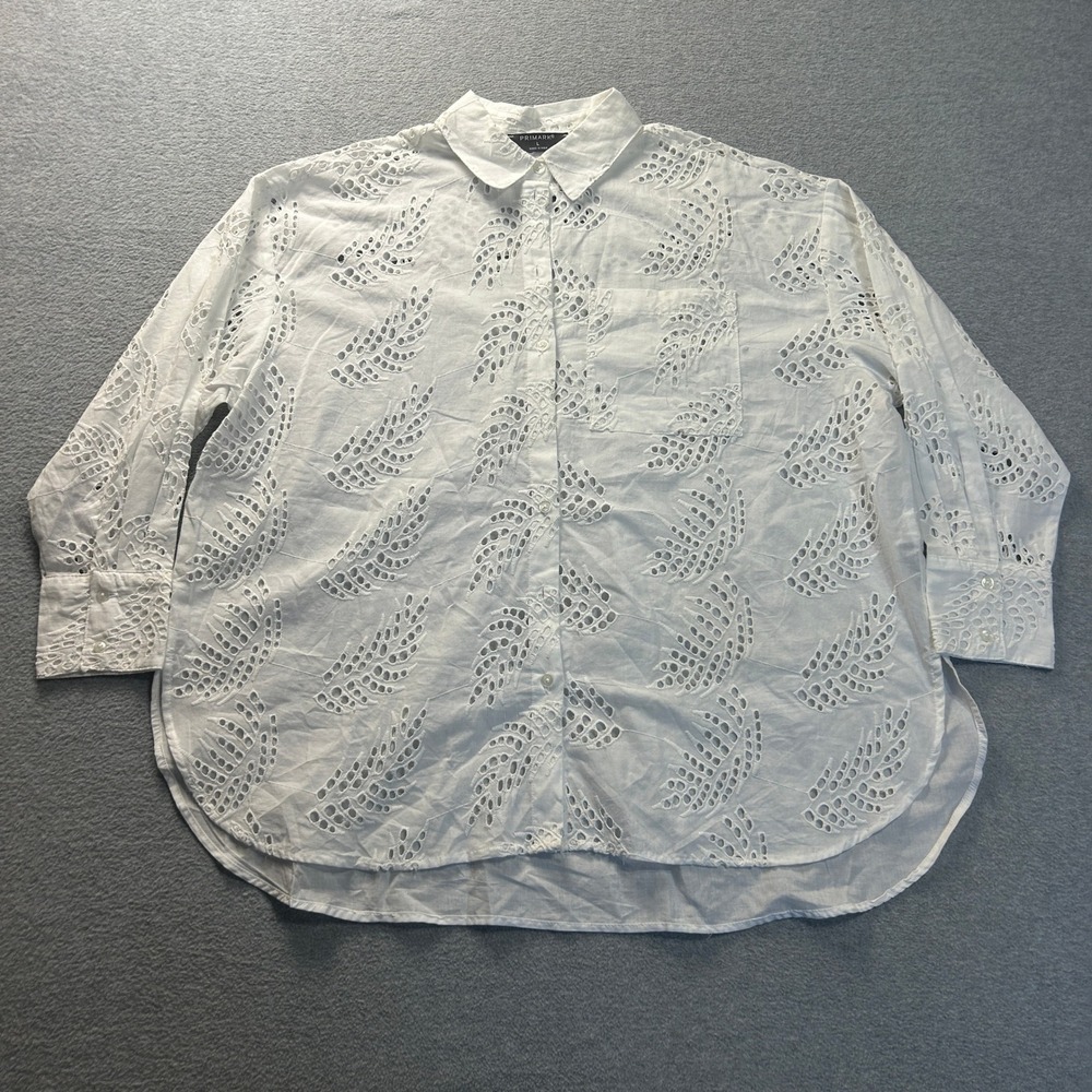 Primark Button Up Blouse Womens L White Eyelet Embroidered Cotton 3/4 Sleeve